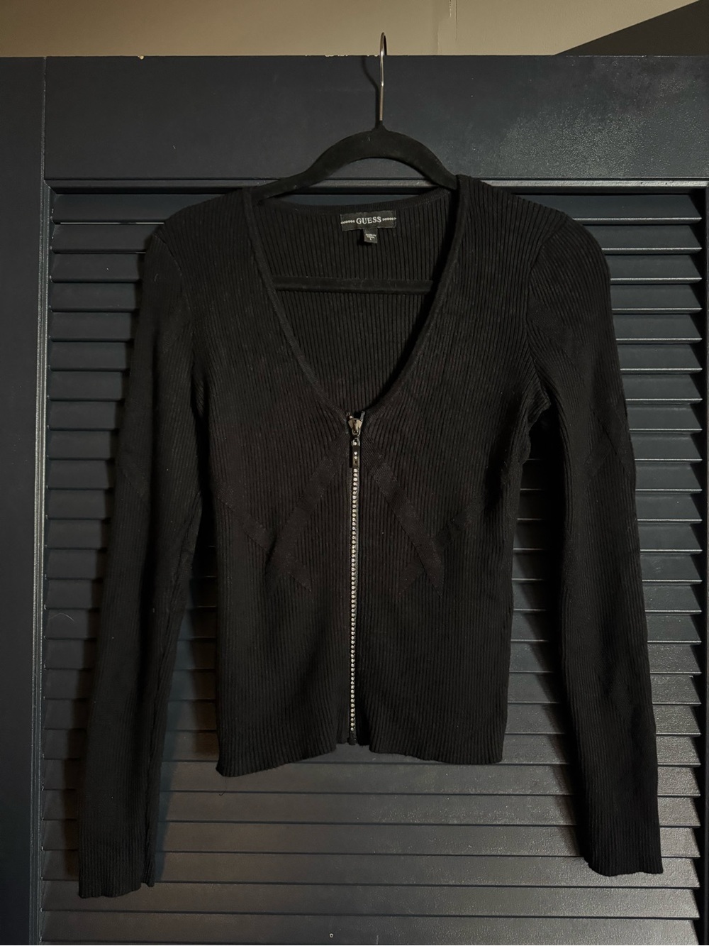 GUESS Black Ribbed Rhinestone Zip Sweater Cardigan L Y2K
